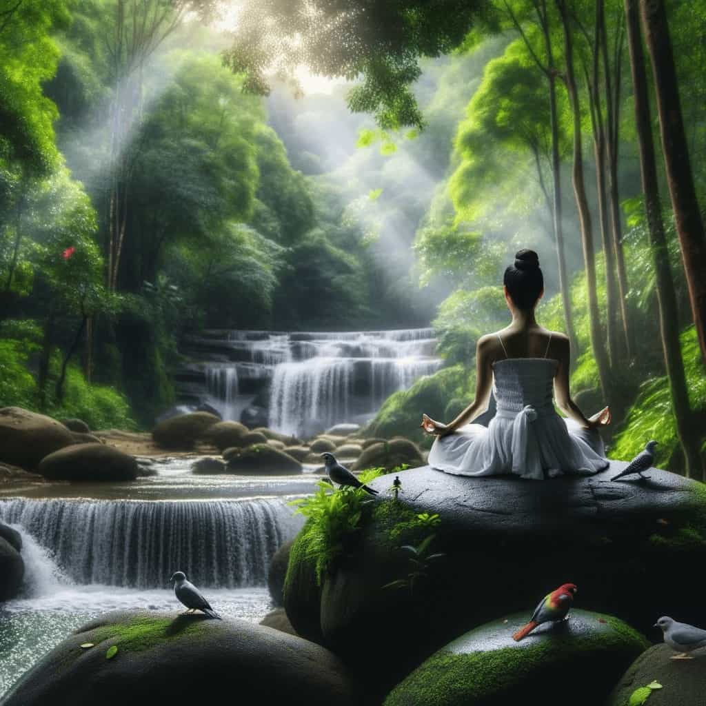 Femme asiatique en tenue de yoga méditant sereinement sur un rocher au cœur d'une forêt luxuriante.