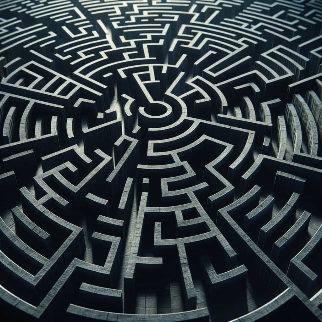 Vue aérienne d'un labyrinthe complexe, représentant les défis mentaux et émotionnels du perfectionnisme.