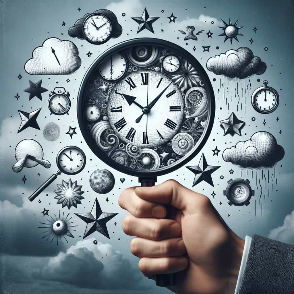 Main tenant une loupe mettant en évidence des symboles du perfectionnisme comme des horloges.