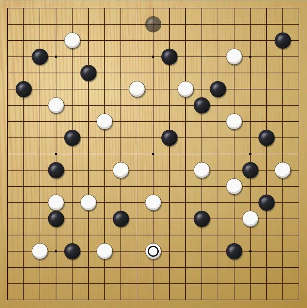 Goban avec pierres dispersées sur tout le plateau - s'éparpiller sans direction stratégique